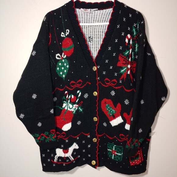 Vintage Nutcracker Embroidered Christmas Lurex Knit Sweater Cardigan Sz L Black - Picture 1 of 5